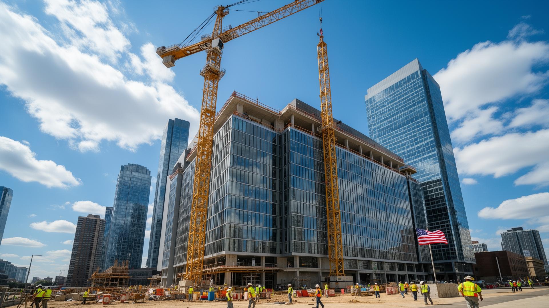 High-rise commercial building under construction with crane